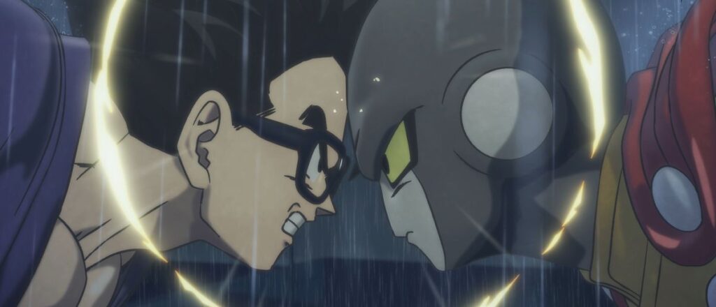Gohan faces off against a new villain — literally, with their foreheads pressed against each other —in Dragon Ball Super: Super Hero