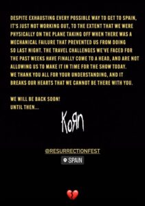 KORN Cancels Tonight's Headlining Performance At Spain's RESURRECTION FEST