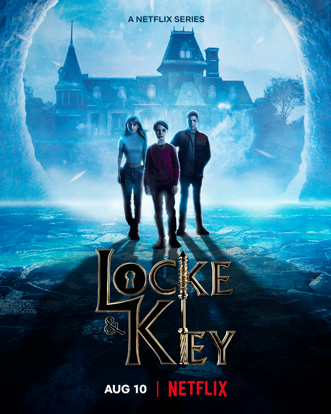 Key art for Locke & Key's final season featuring the Locke children with Keyhouse in the background