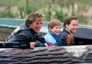 The Princess Of Wales, Prince William and Prince Harry visit Thorpe Park amusement park in 1993.