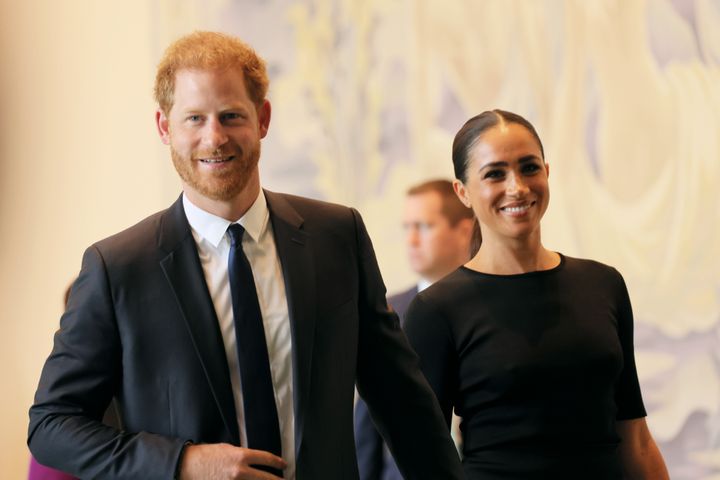The Duke and Duchess of Sussex arrive at the United Nations Headquarters on July 18, 2022, in New York City.