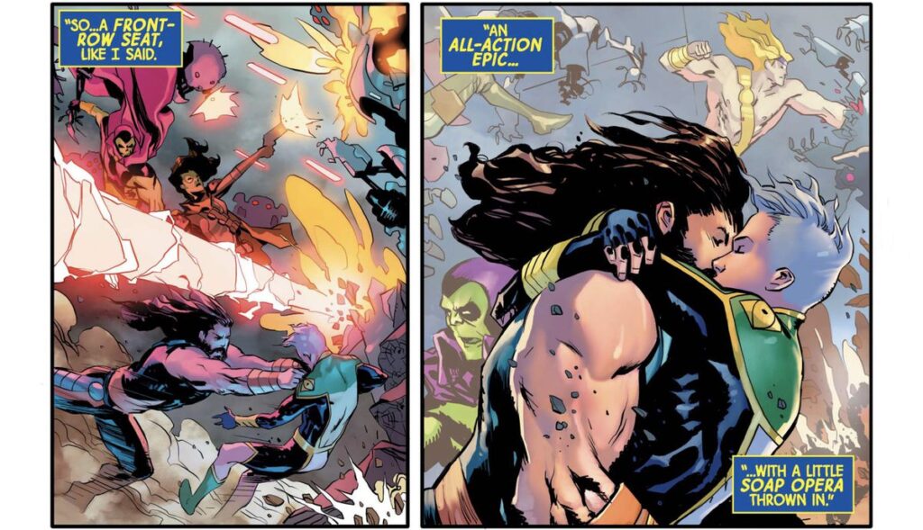 Hercules dashes through a battle to grab Marvel Boy by the lapels and kiss him in Guardians of the Galaxy #6 (2020).