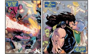Hercules dashes through a battle to grab Marvel Boy by the lapels and kiss him in Guardians of the Galaxy #6 (2020).