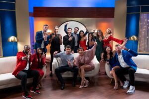 Hosts Nick and Vanessa Lachey surrounded by the Season 2 cast of “Love Is Blind.”