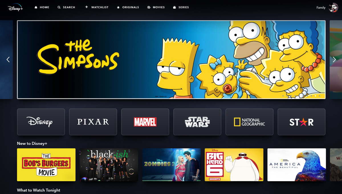A screenshot of the Disney Plus home screen, showing a bit tile of The Simpsons and links to Disney, Pixar, Marvel and Star Wars