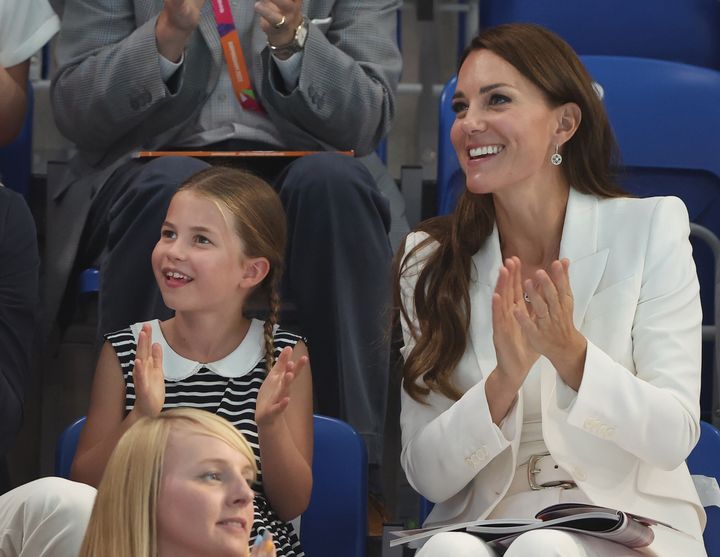 Princess Charlotte and Kate Middleton visit the morning session of swimming on day five of the Birmingham 2022 Commonwealth Games at Sandwell Aquatics Centre on Aug. 2.