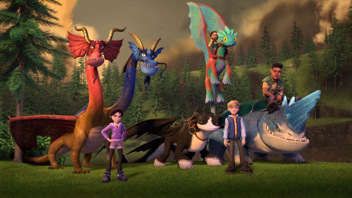 Alex, Feathers, Wei, Wu, Jun, Thunder, Tom, D'Angelo, Plowhorn from Dragons: The Nine Realms a How to Train Your Dragon spinoff show