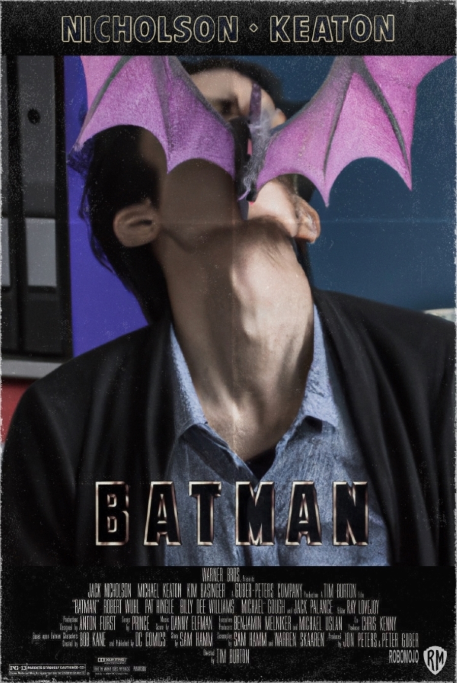 An artificial intelligence-generated movie poster of Batman showing a man swallowing a purple bat.