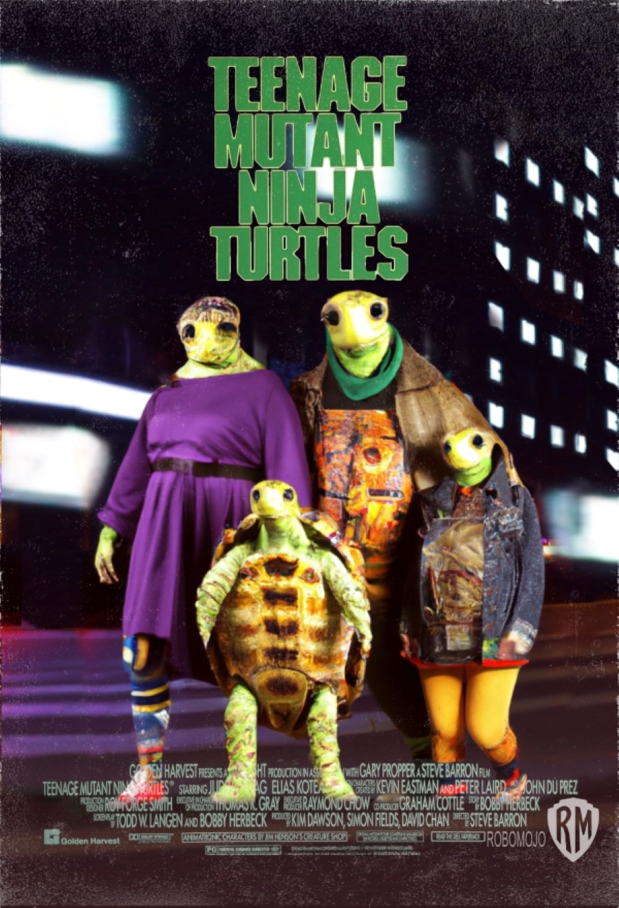 An artificial intelligence-generated movie poster of Teenage Mutant Ninja Turtles showing a family of turtles wearing clothes.
