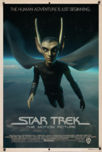 An artificial intelligence-generated movie poster of Star Trek showing a humanoid with a cape flying above Earth