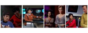 Four photos of Nichelle Nichols as Lt. Uhura in "Star Trek" scenes.