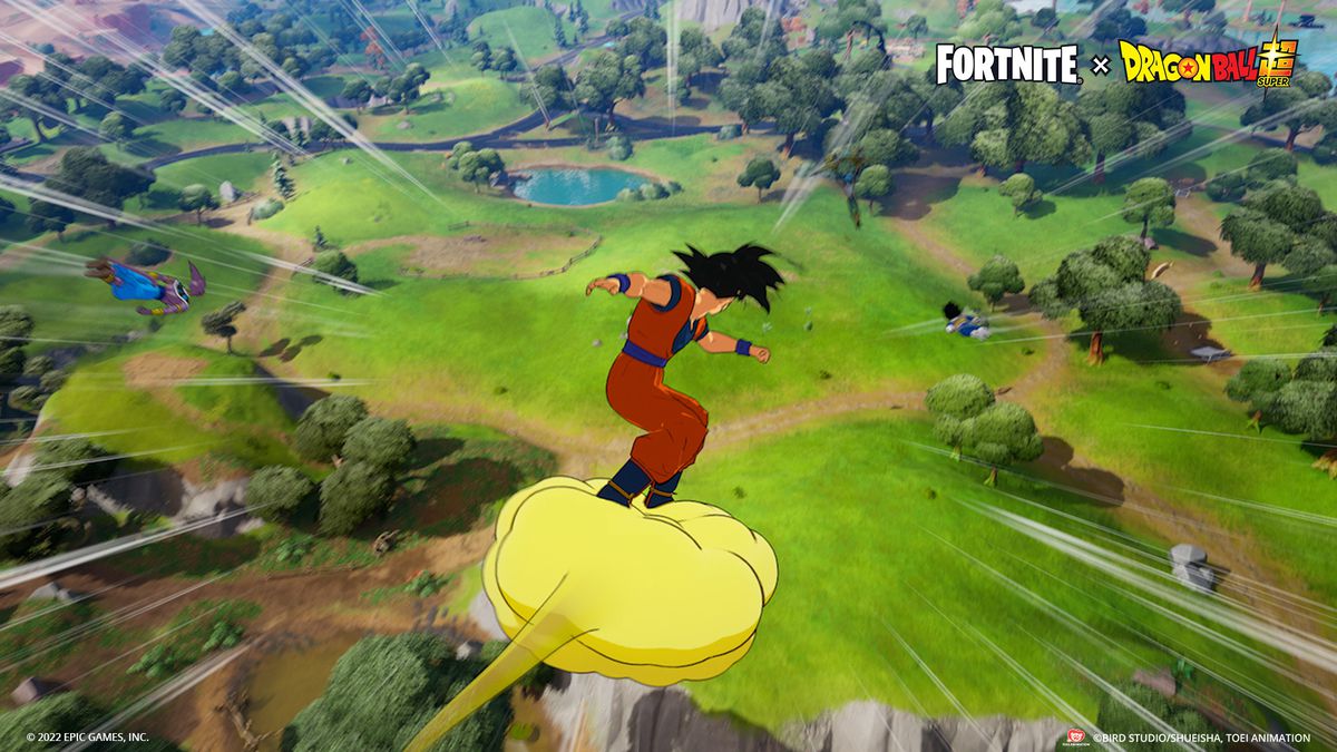 Goku flies on the Nimbus Cloud over the Fortnite island.