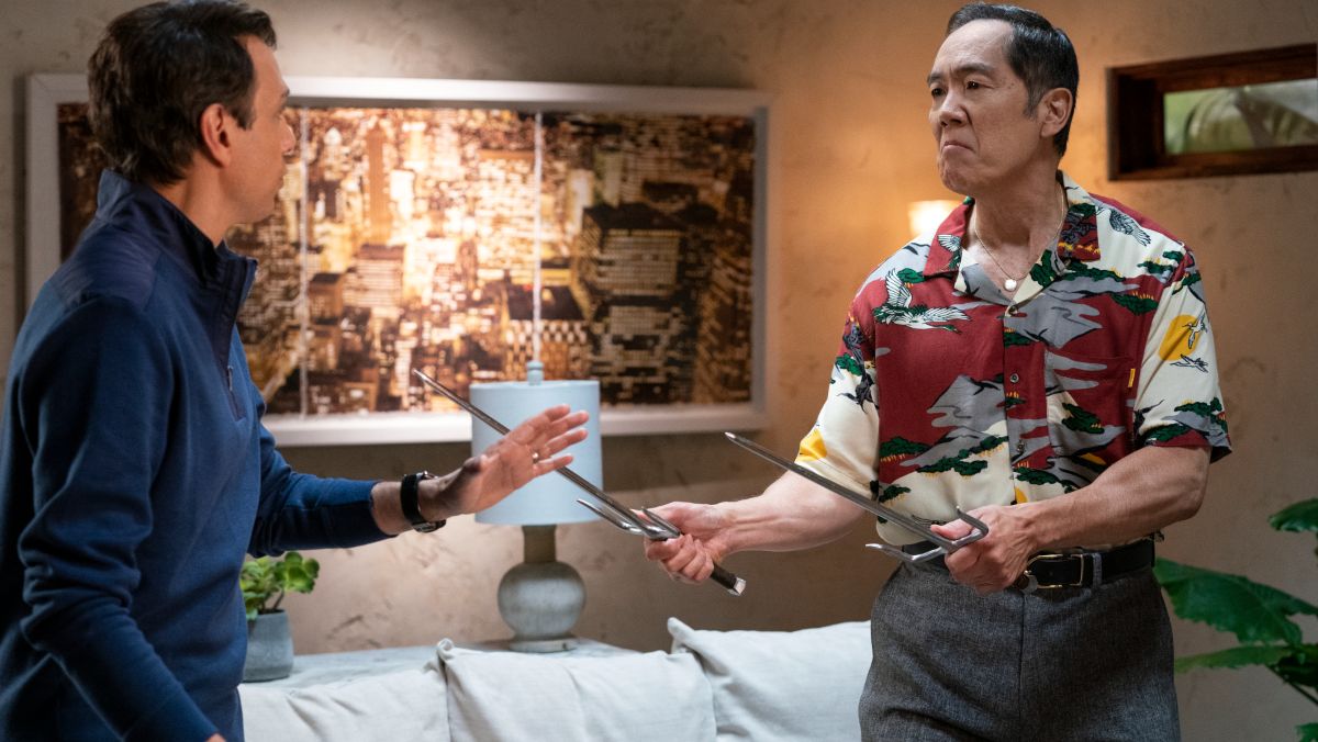 Ralph Macchio as Daniel LaRusso and Yuji Okumoto as Chozen in Cobra Kai season five.