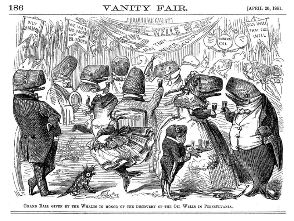 political cartoon from vanity fair in 1861 about nyc whale oil trade