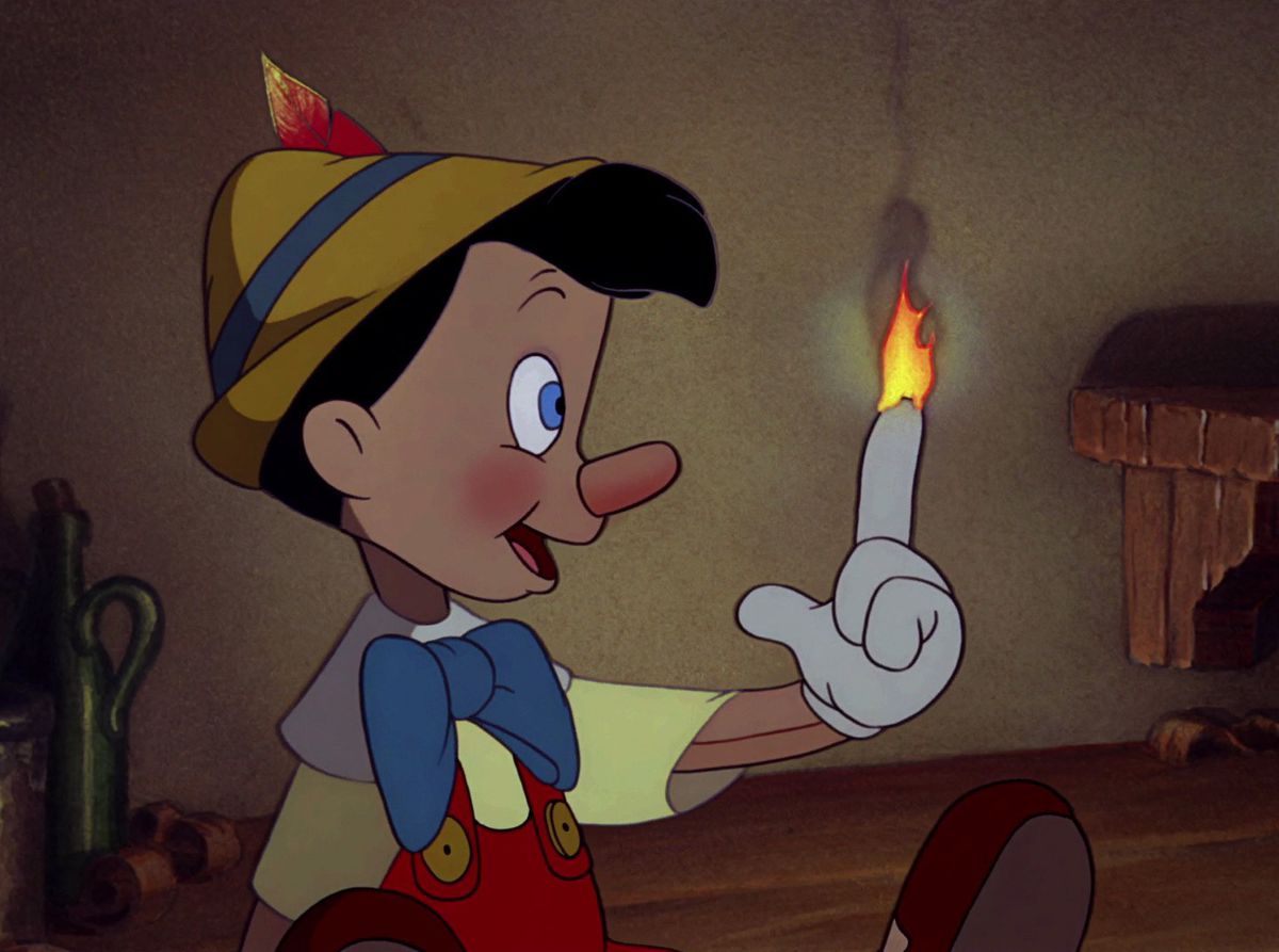 Pinocchio casually looking at his flaming finger