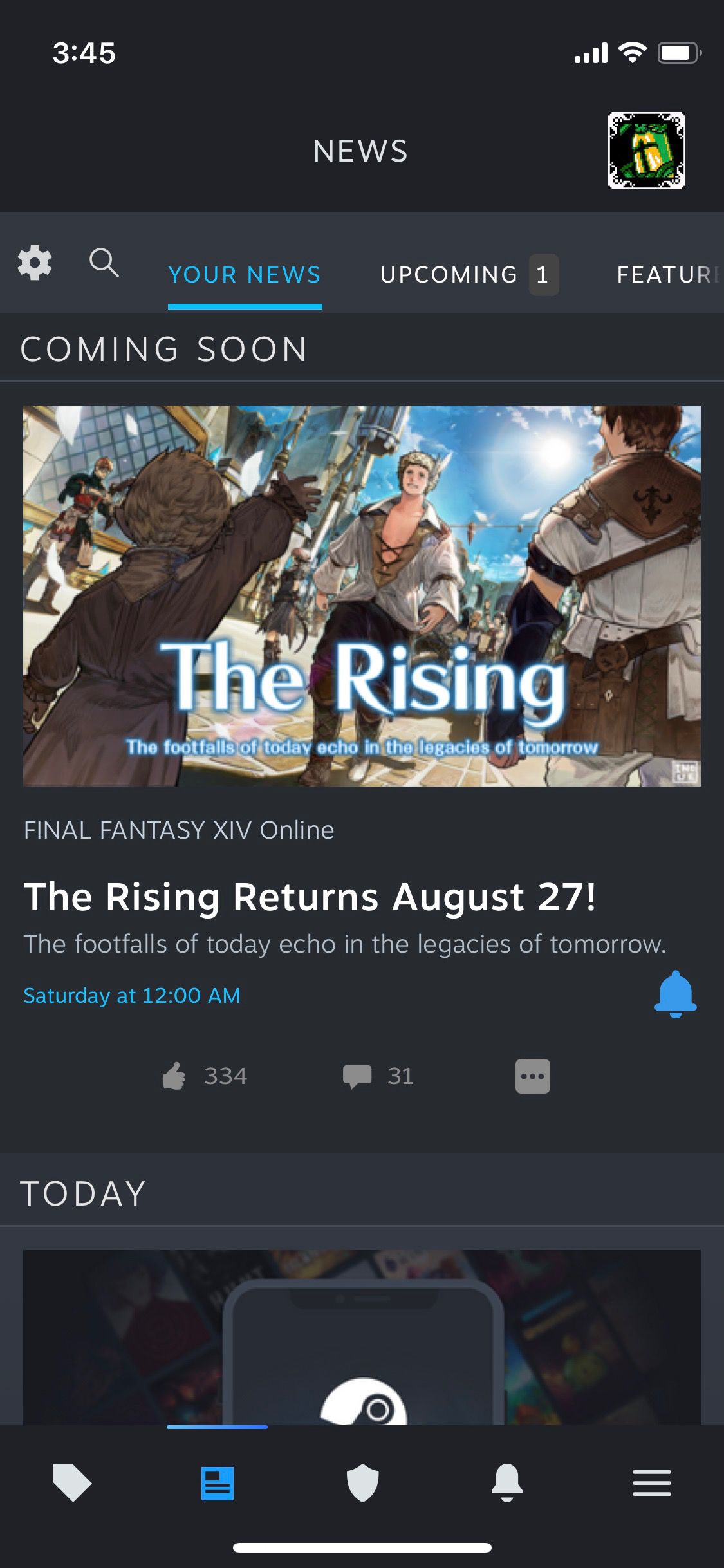 The news feed in the new Steam mobile app. The first entry is about Final Fantasy XIV.