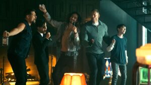 diego, five, klaus, luther, and viktor all drink and sing karaoke in the umbrella academy season four renewal