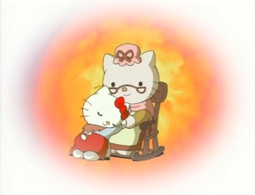 Hello Kitty hugs her grandma.