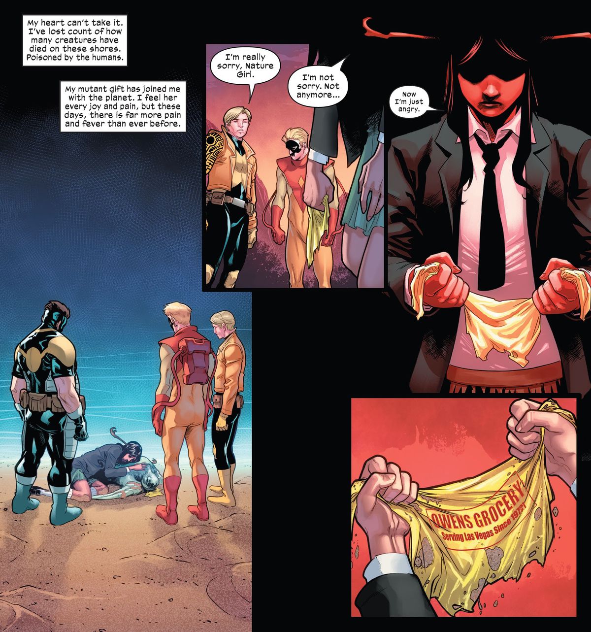 Nature Girl, Egg, Pyro, and Cypher discover a dead sea turtle on Krakoa’s beach, a plastic bag lodged in its mouth, in X-Men: Unlimited: X-Men Green #1 (2022). 
