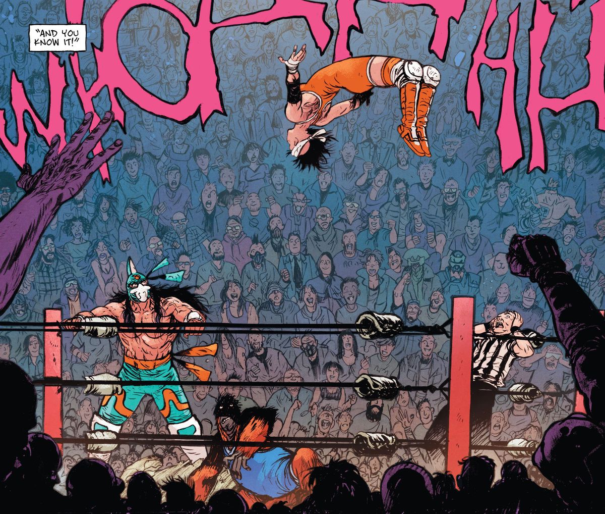 A woman in a a brightly colored wrestling singlet hangs impossibly in the air above the ring in the middle of a moonsault, her opponent, a cowering orangutang in a wrestling singlet cowers in her shadow. Her partner, a masked wrestler, watches, alert. The crowd behind them roars