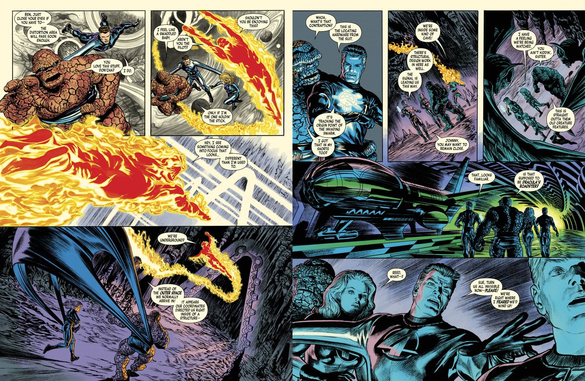 Fantastic Four panels: The family zips through a gave over several panels