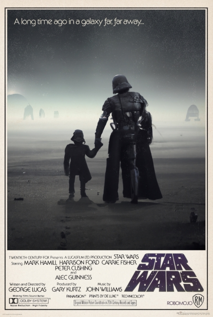 An artificial intelligence-generated movie poster of Star Wars showing Darth Vader holding hands with a miniature version of himself on a desert planet.