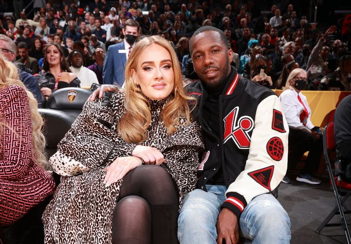 Adele and boyfriend Rich Paul pose for a photo during a basketball game on Feb. 20 in Cleveland.