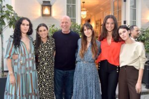 (L-R) Rumer Willis, Demi Moore, Bruce Willis, Scout Willis, Emma Heming Willis and Tallulah Willis attend Demi Moore's "Inside Out" book party on Sept. 23, 2019, in Los Angeles.