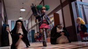 Kat, the 13-year-old human protagonist of Wendell &amp; Wild, walks down the hallway of her Catholic school, flanked by nuns, with a boombox on her shoulder