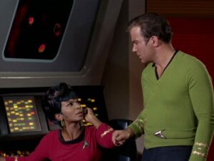 Nichols as Lt. Nyota Uhura and William Shatner as Captain James T. Kirk in the Star Trek episode "Journey to Babel," originally broadcast on Nov. 17, 1967.