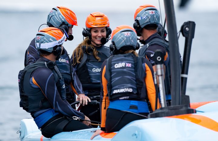 The duchess celebrates with the Great Britain SailGP Team after they won the special one-off Commonwealth race against New Zealand SailGP Team on July 31.