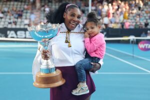 Serena Williams of the US with her daughter Alexis Olympia after her win against Jessica Pegula of the US during their women's singles final match during the Auckland Classic tennis tournament in Auckland on January 12, 2020. (Photo by MICHAEL BRADLEY / AFP) (Photo by MICHAEL BRADLEY/AFP via Getty Images)