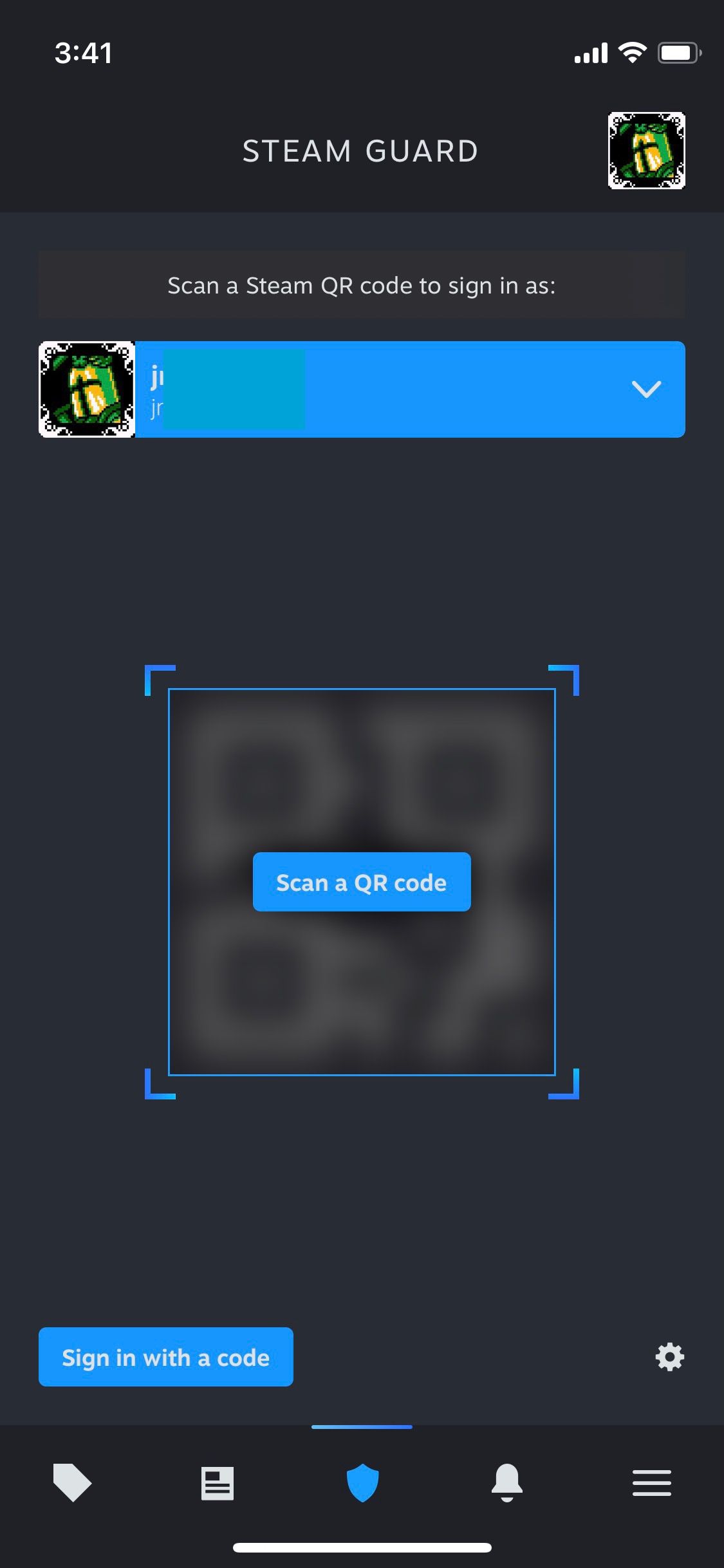 The screen where you can scan a QR code in Steam’s new mobile app. There are buttons to sign in with a QR code or with another code.