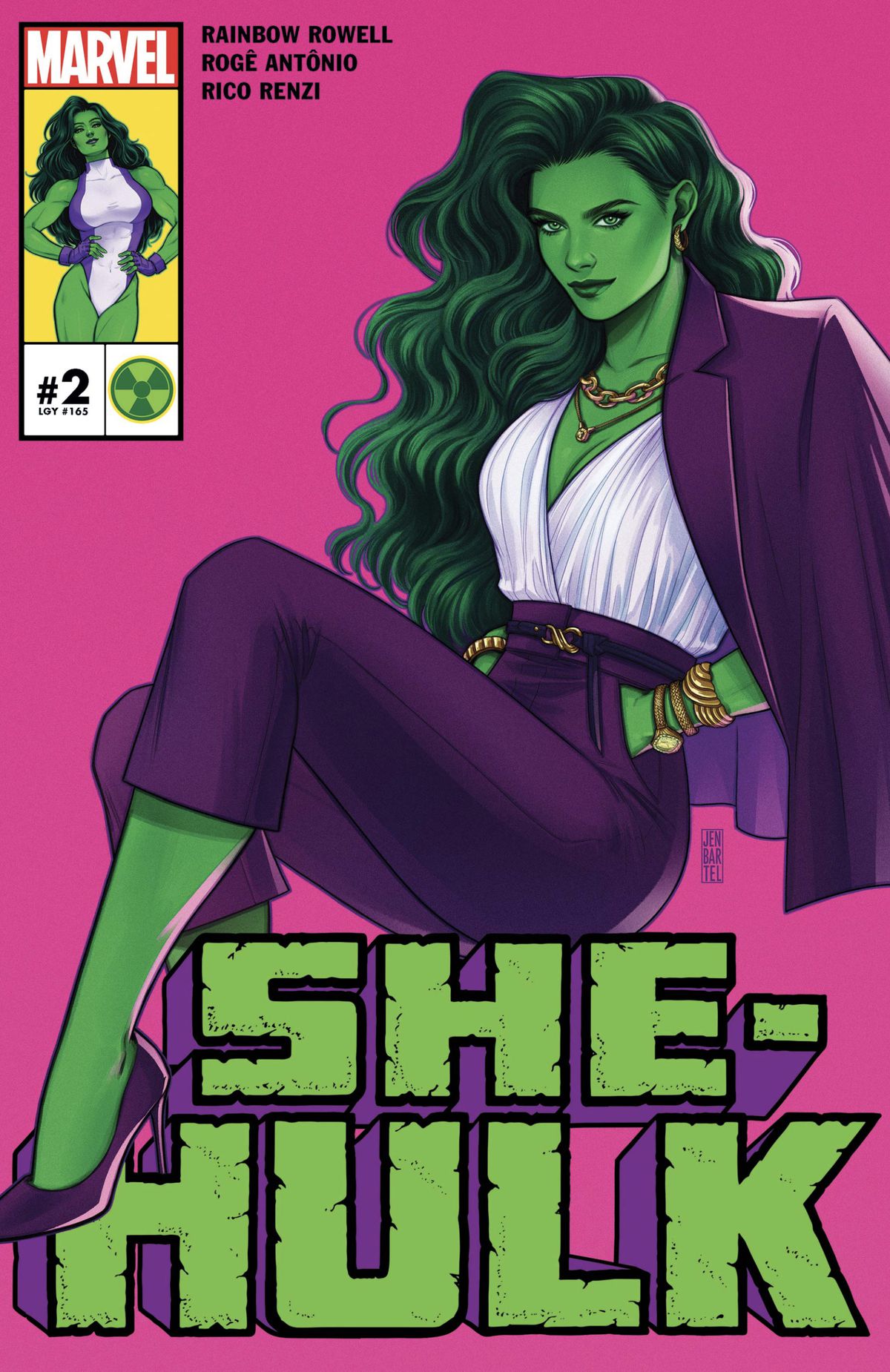 She-Hulk reclines, sitting on the letters of her own book’s title, wearing a very fashionable purple skirt suit, white blouse, and gold jewelry on the cover of She-Hulk #2 (2022)