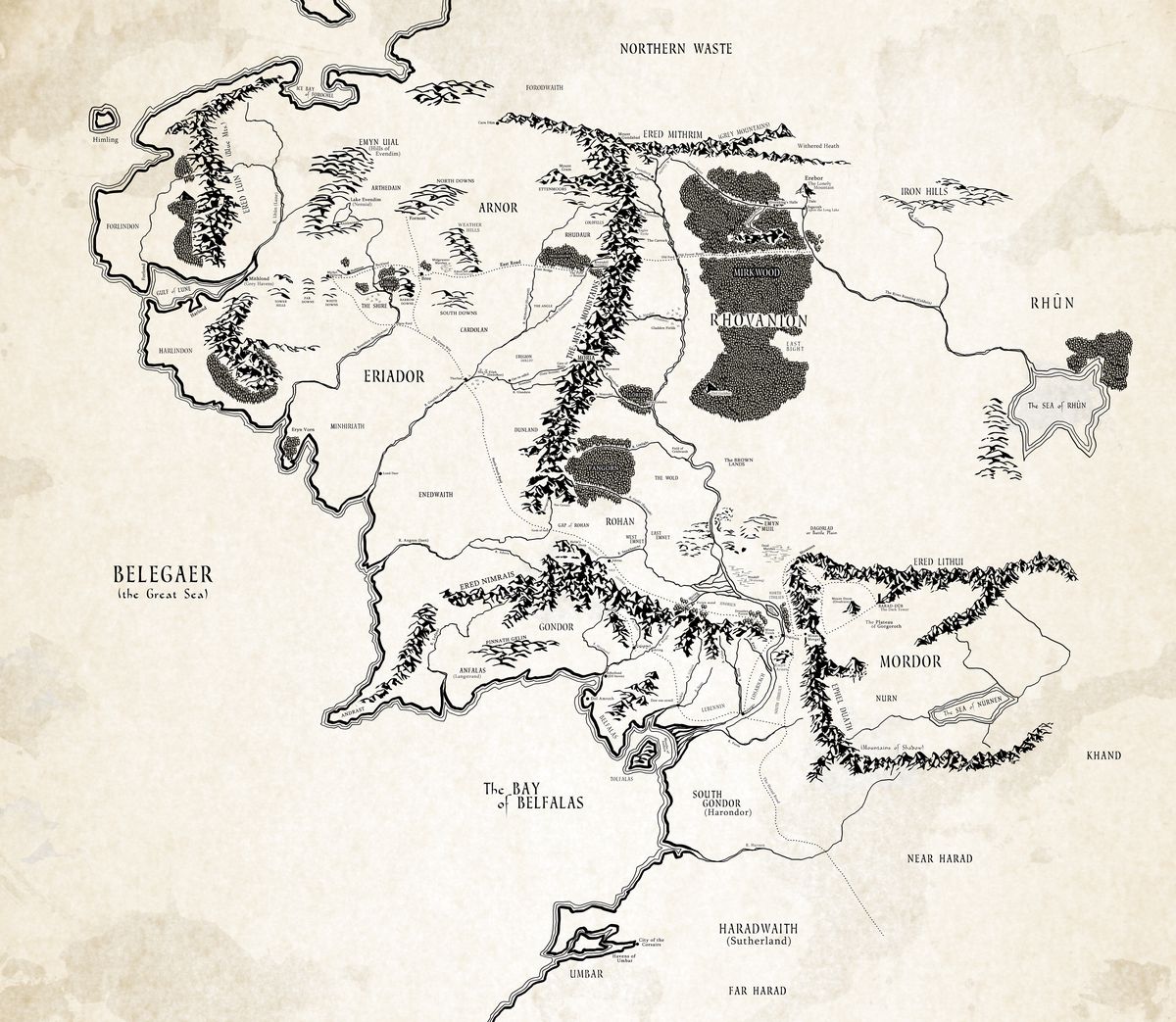 A giant map of Middle-earth reflecting locations from the movie trilogy like The Shire, Mines of Moria, and Mordor