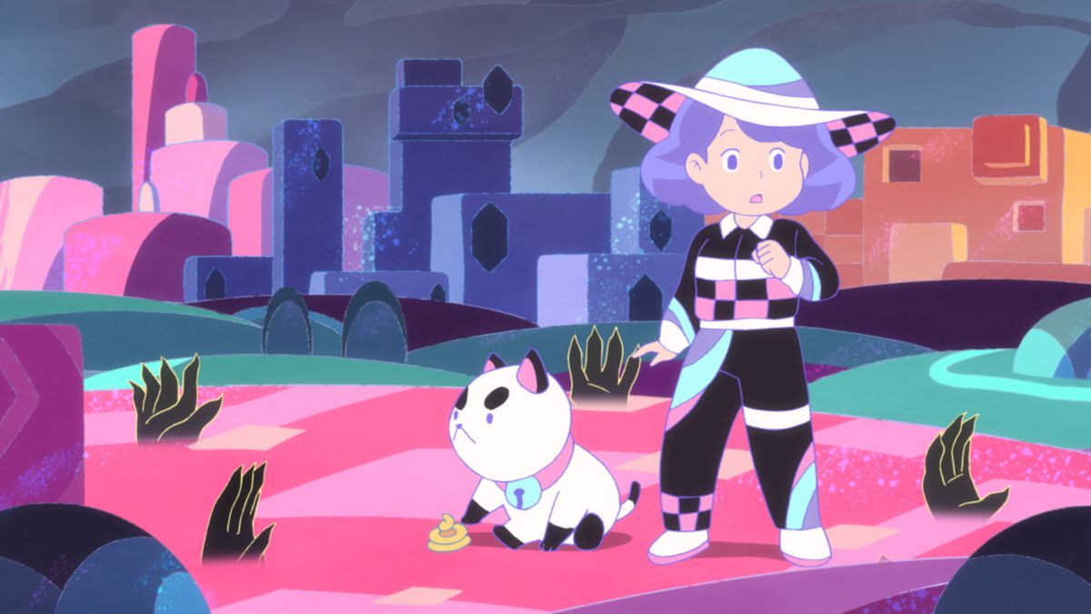 a girl in a black and pink suit with a big hat standing with a small puppy-cat creature on a strange planet. the sand is pink and behind them are bright pink, purple, and orange geometric buildings