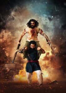 A hirsute man runs from an explosion carrying another hirsute man on his shoulders