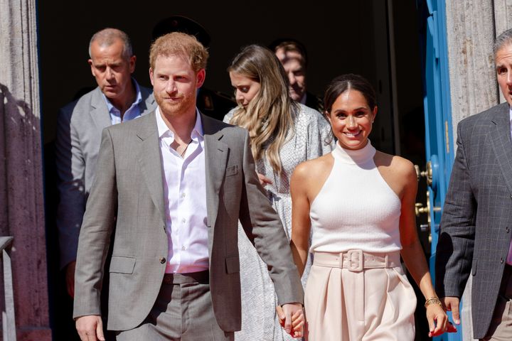 The Duke and Duchess of Sussex depart after a visit to Dusseldorf town hall amid this week's one-year countdown to the next Invictus Games in Germany.