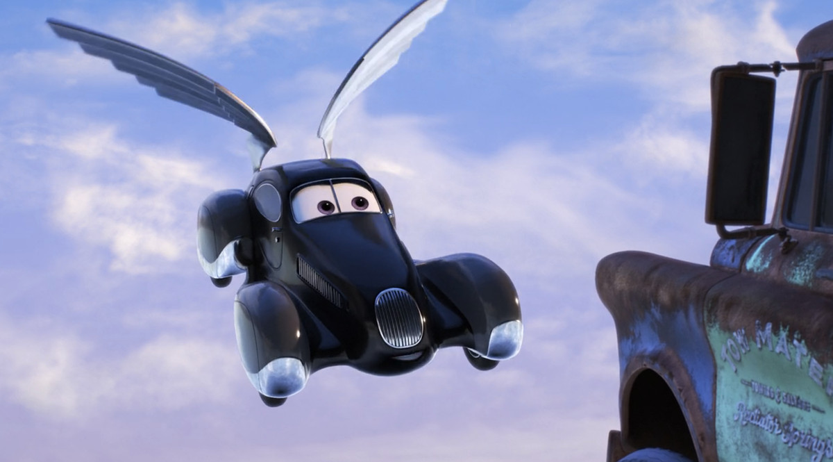 a black hearse-like car with wings floating in the sky 