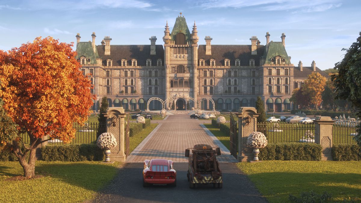 lightning mcqueen and mater standing in front of a giant fancy mansion 