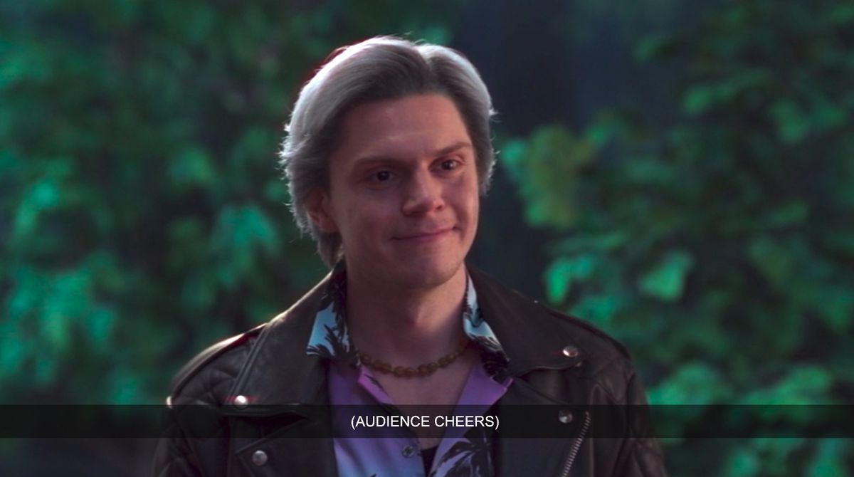Evan Peters as Pietro Maximoff aka Quicksilver in WandaVision standing in the door wearing a leather jacket and Hawaiian shirt like a wacky sitcom brother character