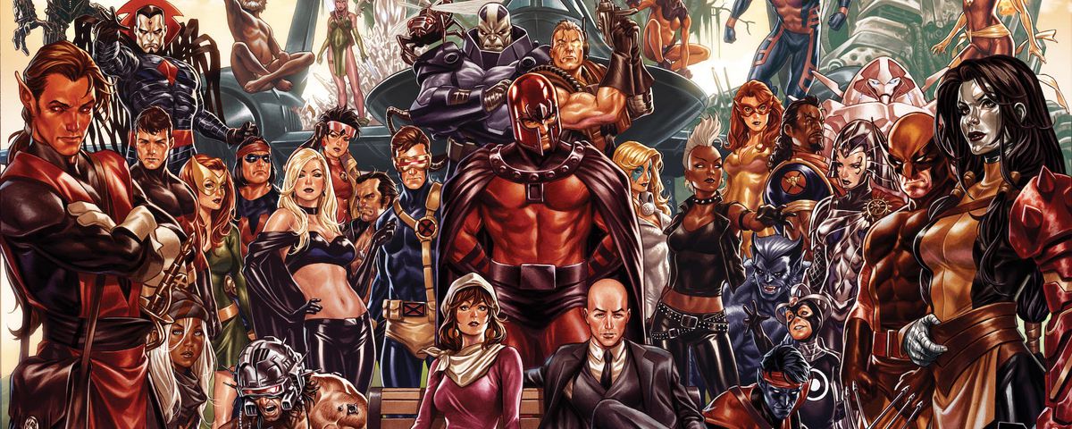 A huge number of X-Men characters stand arrayed around Moira and Professor X sitting on a bench, in promo art for House of X/Powers of X from Marvel Comics.