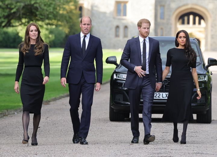 The Prince and Princess of Wales and Duke and Duchess of Sussex arrive at Windsor Castle to view flowers and tributes to Queen Elizabeth on Sep. 10, in Windsor, England. 