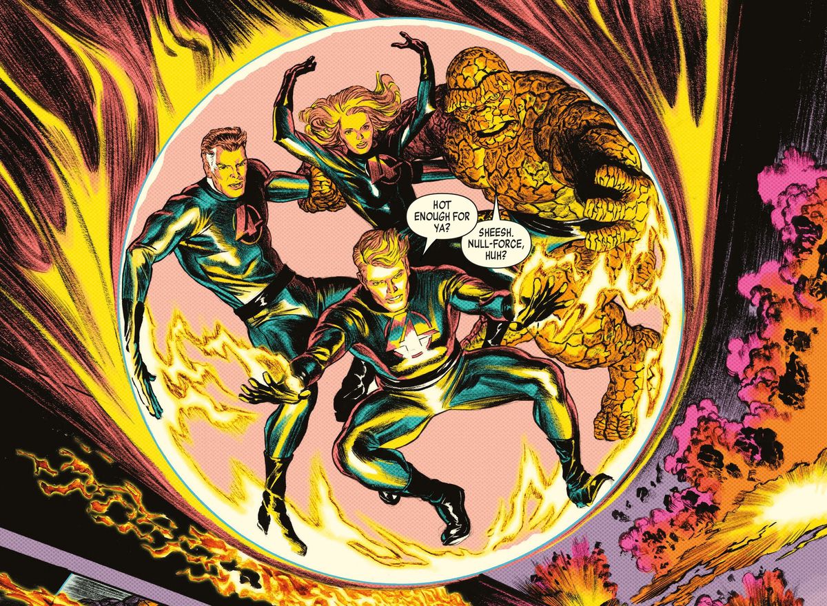 Encased in Sue Storm’s spherical force field, the Fantastic Four fall through fire and smoke in Fantastic Four: Full Circle (2022).