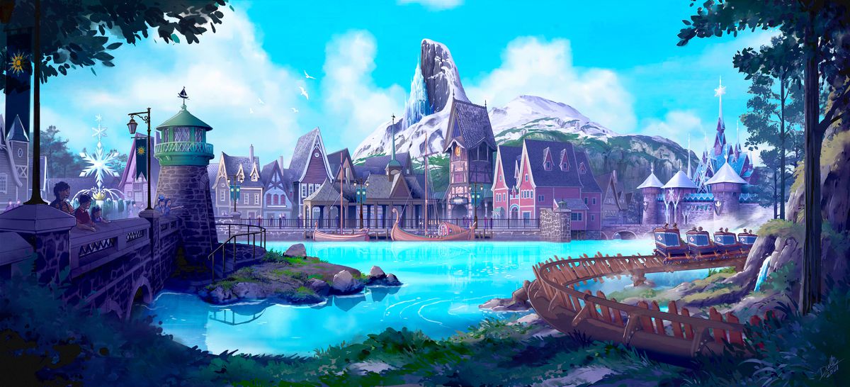 a scandanivian city across a crystal clear blue lake; in the distance there is a snow-covered mountain