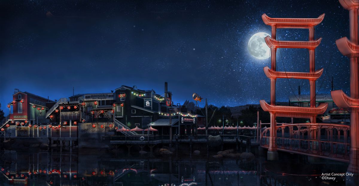 a nightscape featuring a replica of the golden gate bridge, but stylized to look more japaense. in the distance, there are buildings with twinkling lights and lanterns. 
