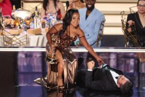 Quinta Brunson reacts to Jimmy Kimmel crashing Emmys win