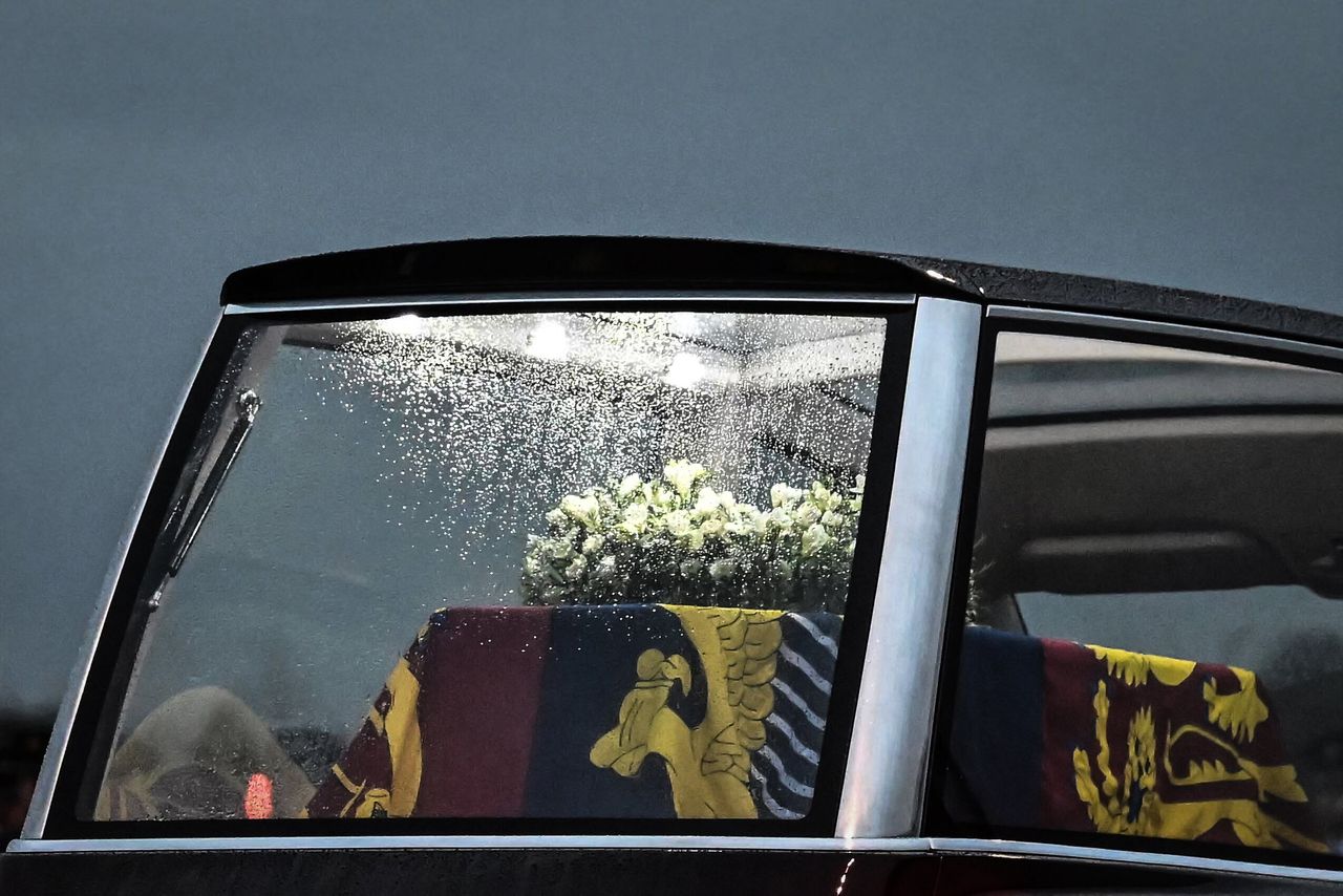 A closer look into the window of the Royal Hearse, carrying the coffin of Queen Elizabeth II.