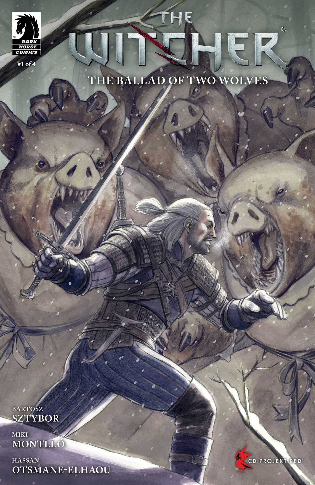 Geralt faces off against three huge and vicious-looking dress-wearing pigs on the cover of The Witcher: The Ballad of Two Wolves #1. 