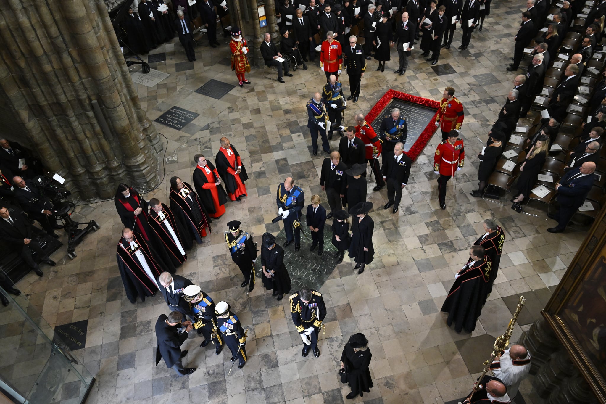 LONDON, ENGLAND - SEPTEMBER 19: Prince Andrew, Duke of York, Britain's King Charles III, Anne, Princess Royal, Vice Admiral Sir Timothy Laurence, Camilla, Queen Consort, Prince Edward, Earl of Wessex, Sophie, Countess of Wessex, William, Prince of Wales, Prince George of Wales, Princess Charlotte of Wales, Catherine, Princess of Wales, Prince Harry, Duke of Sussex, Meghan, Duchess of Sussex, Peter Phillips, David Armstrong-Jones, 2nd Earl of Snowdon, Prince Michael of Kent, Prince Edward, Duke of Kent and Prince Richard, Duke of Gloucester departing Westminster Abbey during the State Funeral of Queen Elizabeth II on September 19, 2022 in London, England. Elizabeth Alexandra Mary Windsor was born in Bruton Street, Mayfair, London on 21 April 1926. She married Prince Philip in 1947 and ascended the throne of the United Kingdom and Commonwealth on 6 February 1952 after the death of her Father, King George VI. Queen Elizabeth II died at Balmoral Castle in Scotland on September 8, 2022, and is succeeded by her eldest son, King Charles III.  (Photo by Gareth Cattermole/Getty Images)